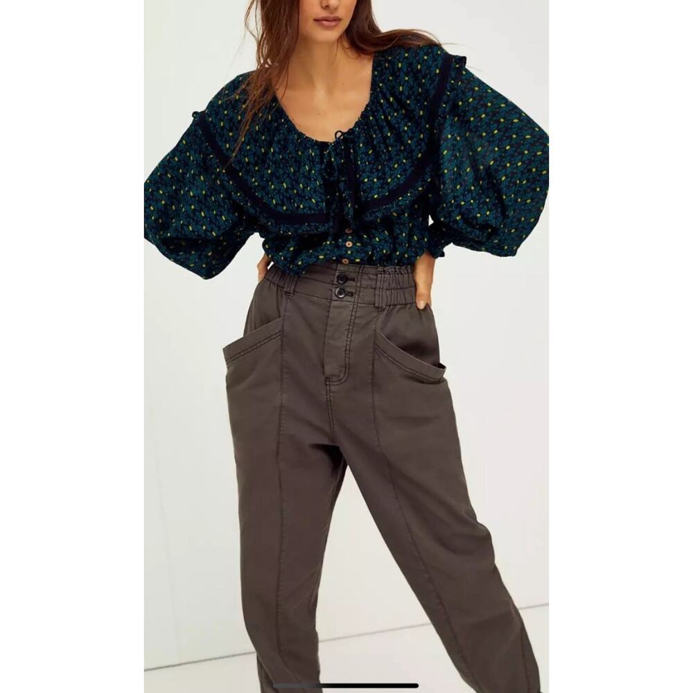 Free People Small Petite Oversized Collar‎ Green Floral Print Button Up Blouse